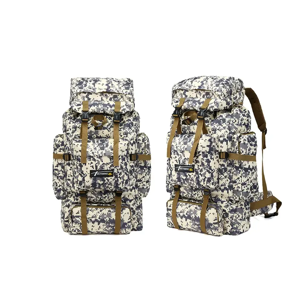 Camouflage-patterned hiking backpack with tan straps and a black logo patch.