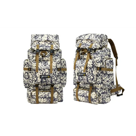 Camouflage-patterned hiking backpack with tan straps and a black logo patch.