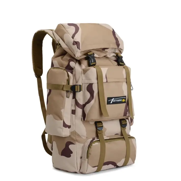 Tan and brown camouflage-patterned tactical backpack with olive green straps and black buckles.