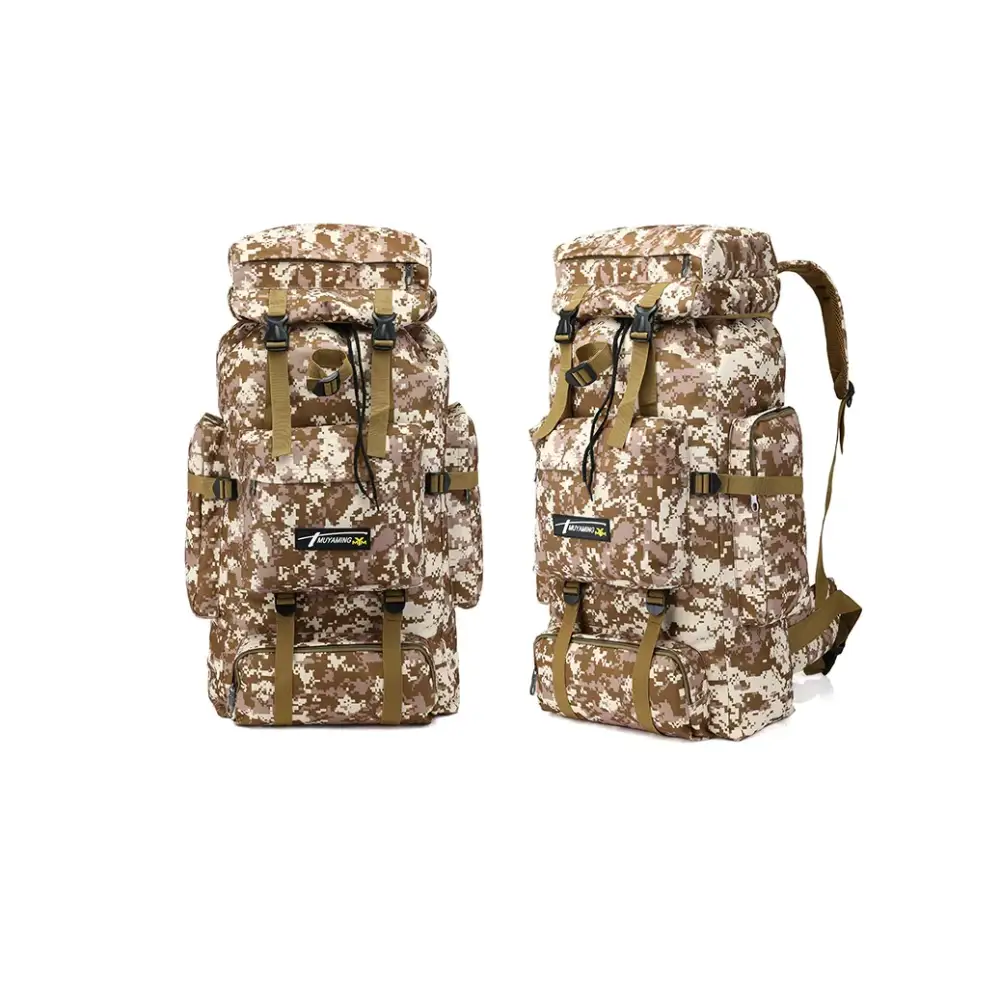 Camouflage-patterned tactical backpack with tan and beige digital camouflage, olive green straps and buckles.