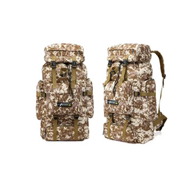 Camouflage-patterned tactical backpack with tan and beige digital camouflage, olive green straps and buckles.