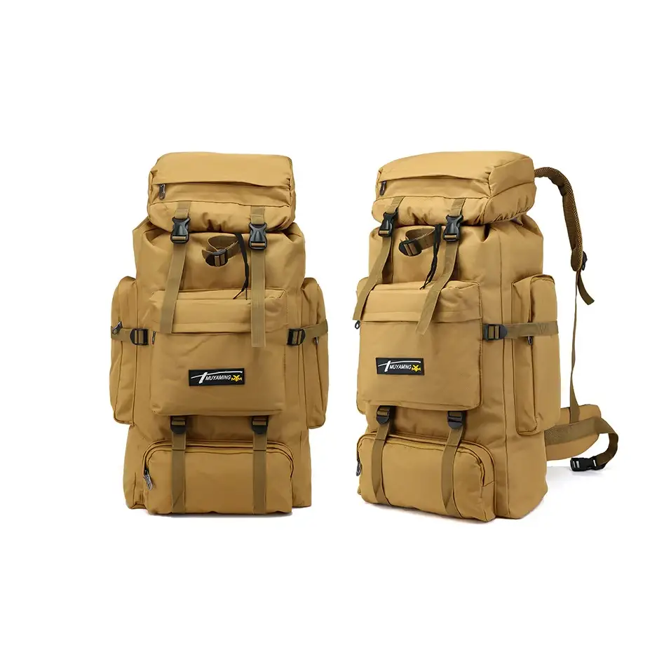 Tan tactical backpack with multiple compartments and black zippers, featuring a ’tactic’ brand label on the front.