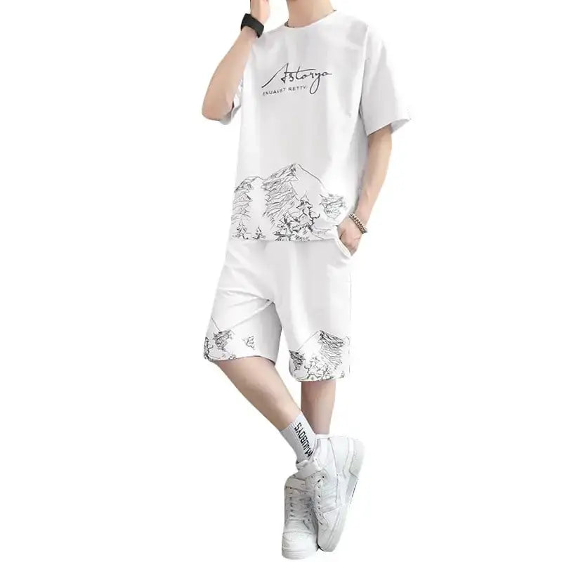 Trendy Men's Ice Silk Short-sleeved Shorts Outfit