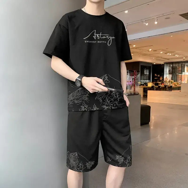 Trendy Men's Ice Silk Short-sleeved Shorts Outfit
