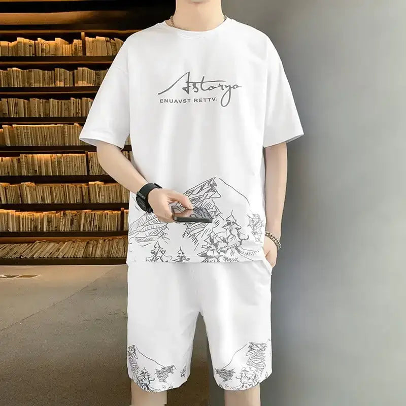 Trendy Men's Ice Silk Short-sleeved Shorts Outfit