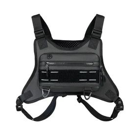 Black tactical chest rig with adjustable straps, zippered compartments, and a mesh panel for ventilation.