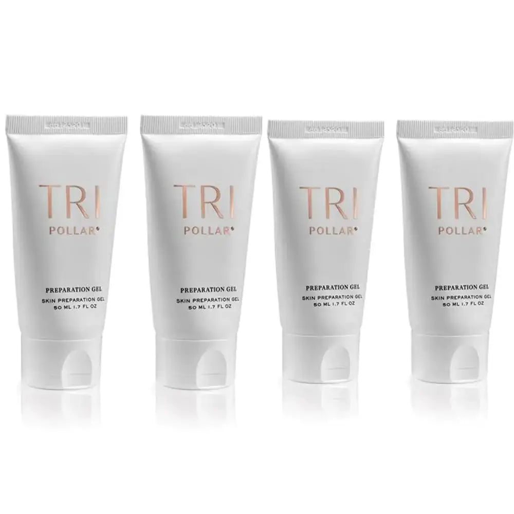 Four identical white squeeze tubes of tri pollar skin preparation gel, each labeled with rose gold lettering and a silver cap.