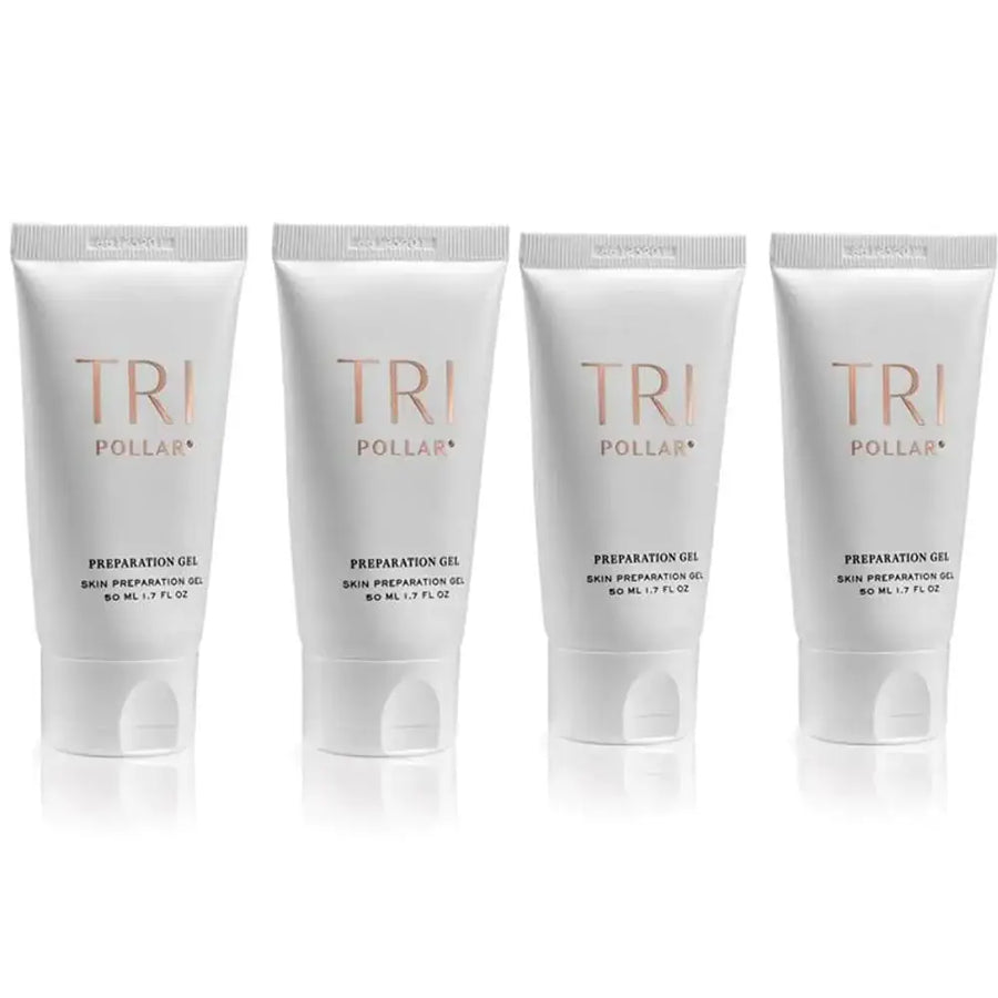 Four identical white squeeze tubes of tri pollar skin preparation gel, each labeled with rose gold lettering and a silver cap.