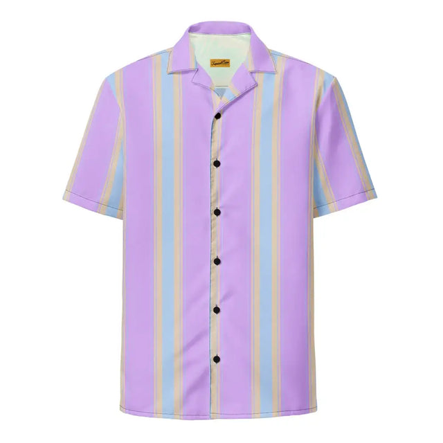 A pastel purple, light blue, and beige vertically striped short-sleeved button-up shirt with a collar.
