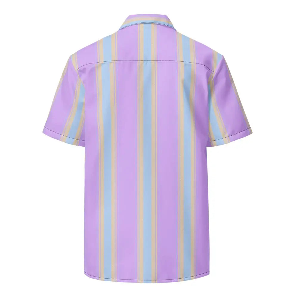 A short-sleeved button-up shirt with vertical stripes in pastel purple, light blue, and beige.