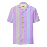 A pastel purple, light blue, and beige vertically striped short-sleeved button-up shirt with a collar.