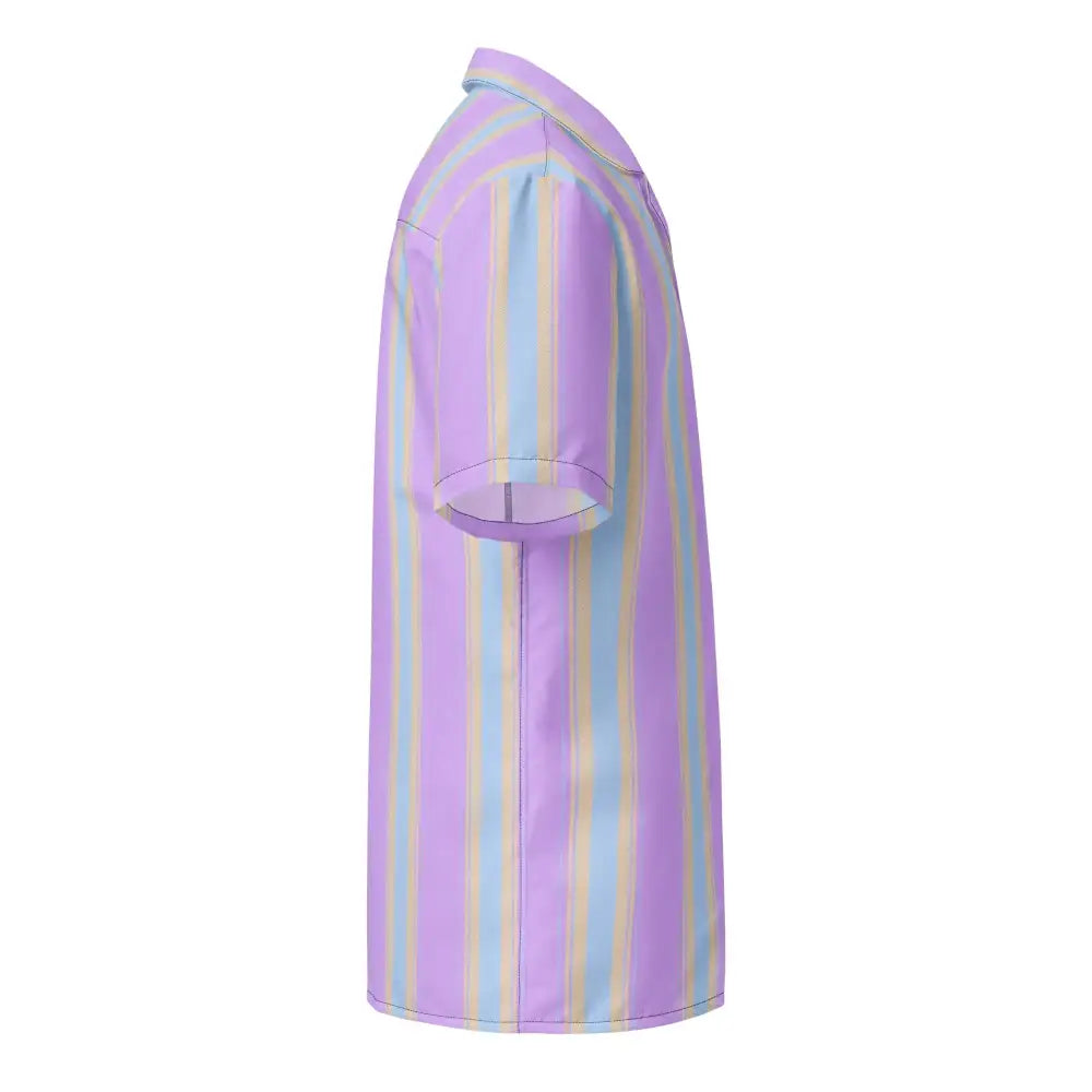 A short-sleeved button-up shirt with vertical stripes in pastel purple, light blue, and beige.