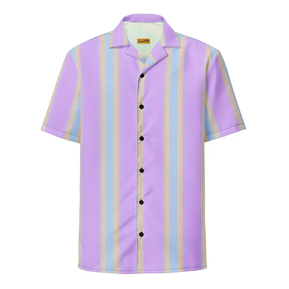 A pastel purple, light blue, and beige vertically striped short-sleeved button-up shirt with a collar.