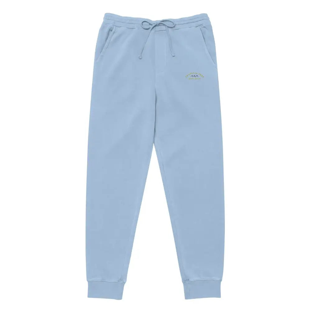 Light blue jogger pants with a drawstring waistband and subtle embroidered logo on the thigh.