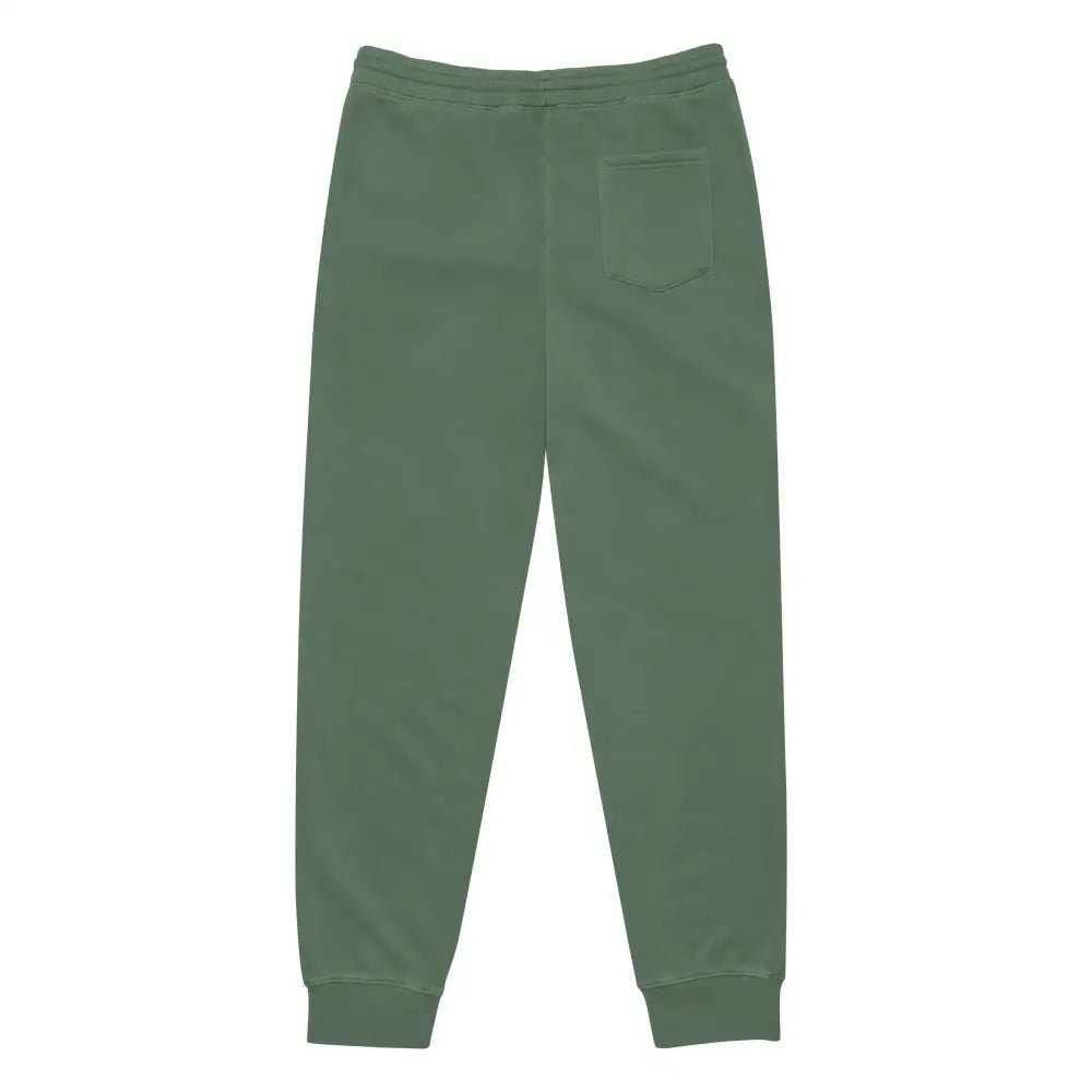 Olive green jogger pants with a soft fleece material and ribbed cuffs
