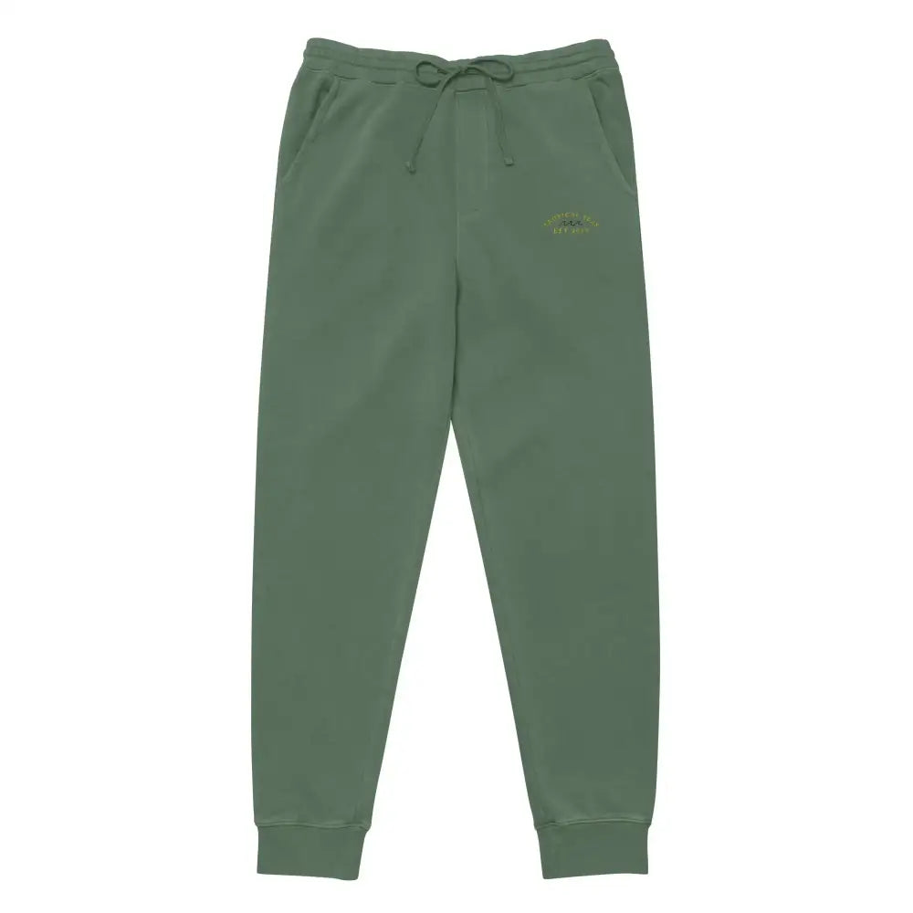 Olive green jogger pants with a drawstring waistband and subtle embroidered logo on the thigh.