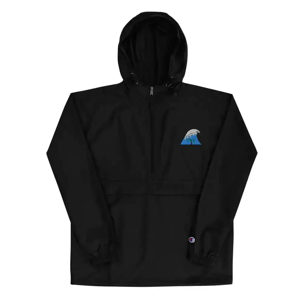 Black champion half-zip hoodie with a blue and white wave embroidery on the left chest.