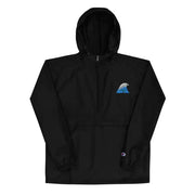 Black champion half-zip hoodie with a blue and white wave embroidery on the left chest.