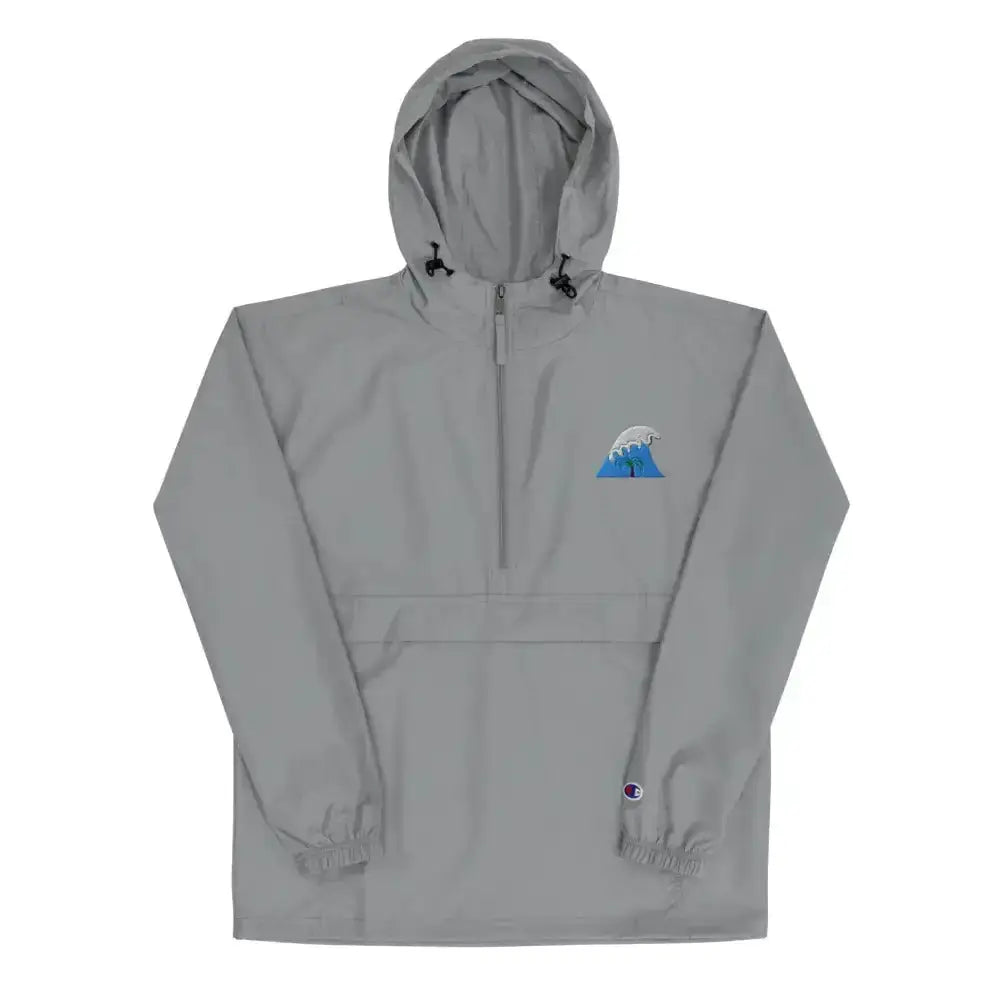 Gray champion anorak with a blue wave embroidery on the chest and black drawstrings.