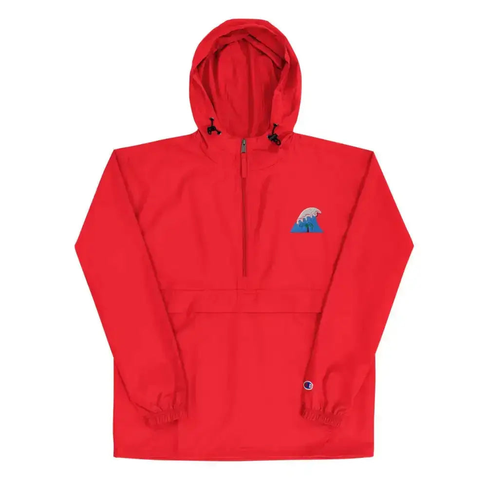 Red champion half-zip hoodie with a wave embroidery on the chest and black drawstrings.