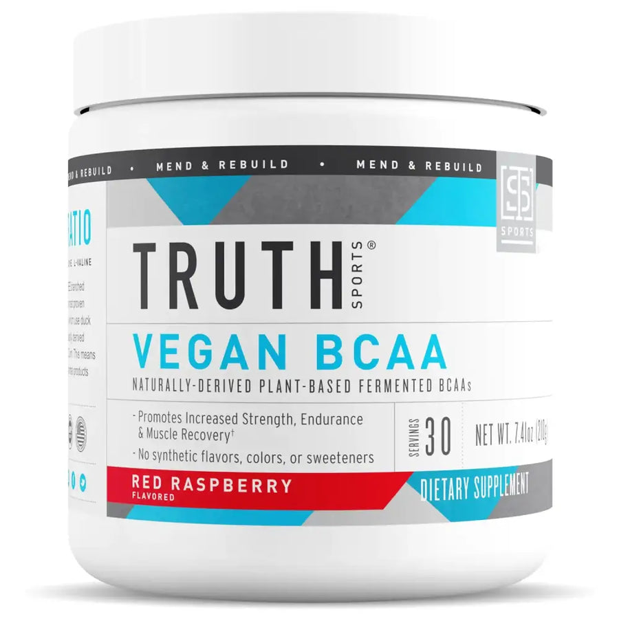 White cylindrical container of truth sports vegan bcaa dietary supplement, red raspberry flavored and labeled with blue and gray accents.