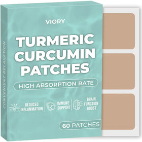 Viory brand turmeric curcumin patches in a teal box, featuring three beige rectangular adhesive patches visible on the side.