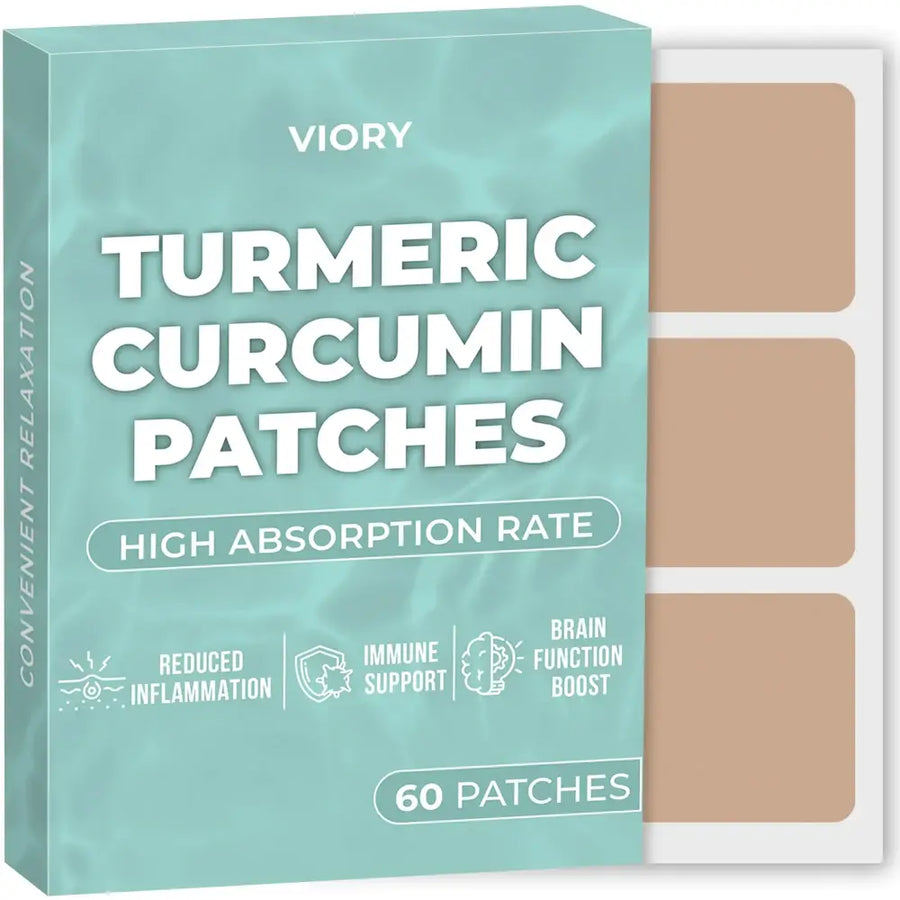 Viory brand turmeric curcumin patches in a teal box, featuring three beige rectangular adhesive patches visible on the side.
