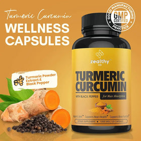 Black plastic bottle with a yellow label featuring the brand ’zealthy life’ and text for ’turmeric curcumin wellness capsules,’ indicating 1000 mg per capsule, 120 capsules total.