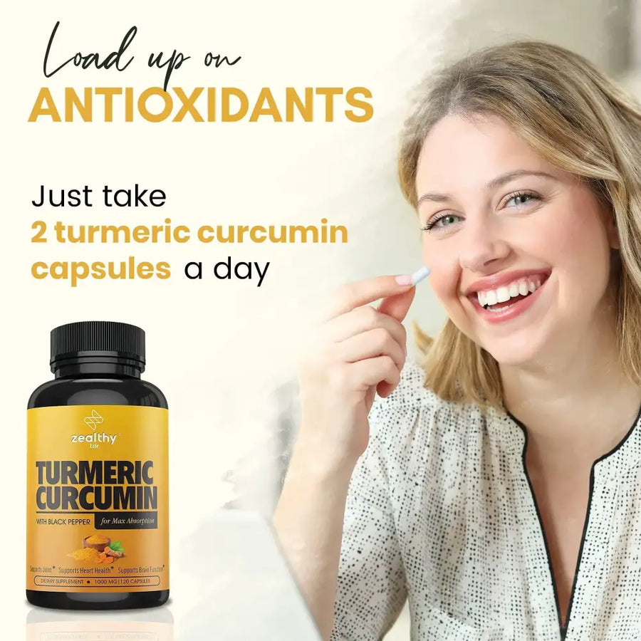 A black bottle with a yellow label featuring the brand ’zealthy’ and text for ’turmeric curcumin with black pepper,’ designed as a dietary supplement.