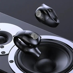Black wireless earbuds with a sleek, ergonomic design and white fingerprint sensor on the outer surface.