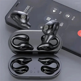 Black wireless earbuds with fingerprint sensors, nestled in a sleek matching charging case.