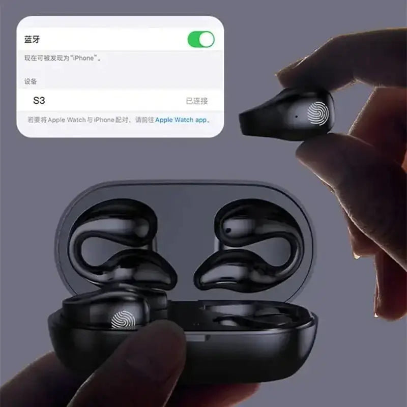 Black wireless earbuds with fingerprint sensors, shown in their sleek charging case.