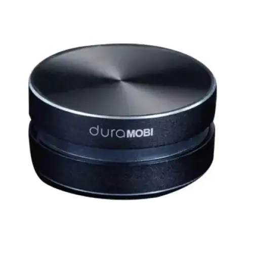 Black cylindrical device with brushed metal finish and ’duramobi’ branding.