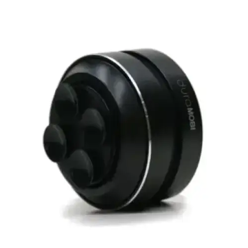 Black cylindrical fidget spinner with four rounded protrusions on one side and a silver accent ring.