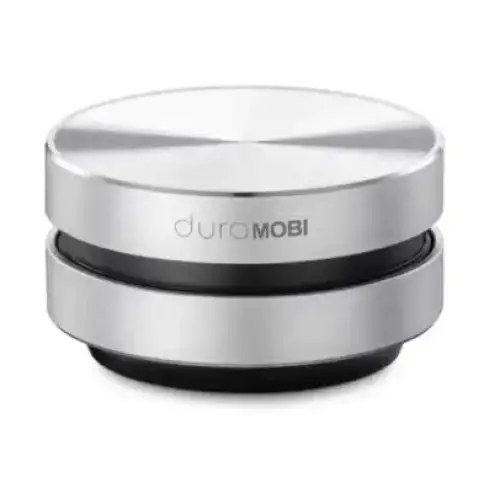 Silver and black duramobi coffee tamper with a brushed metal finish
