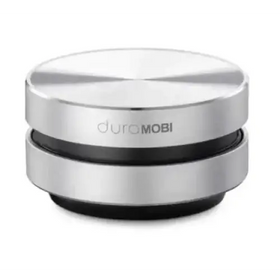 Silver and black duramobi coffee tamper with a brushed metal finish