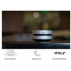 Silver cylindrical wireless earbud case with a sleek, minimalist design and black accents.