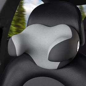 Gray and black ergonomic car headrest pillow with contoured design for neck support.