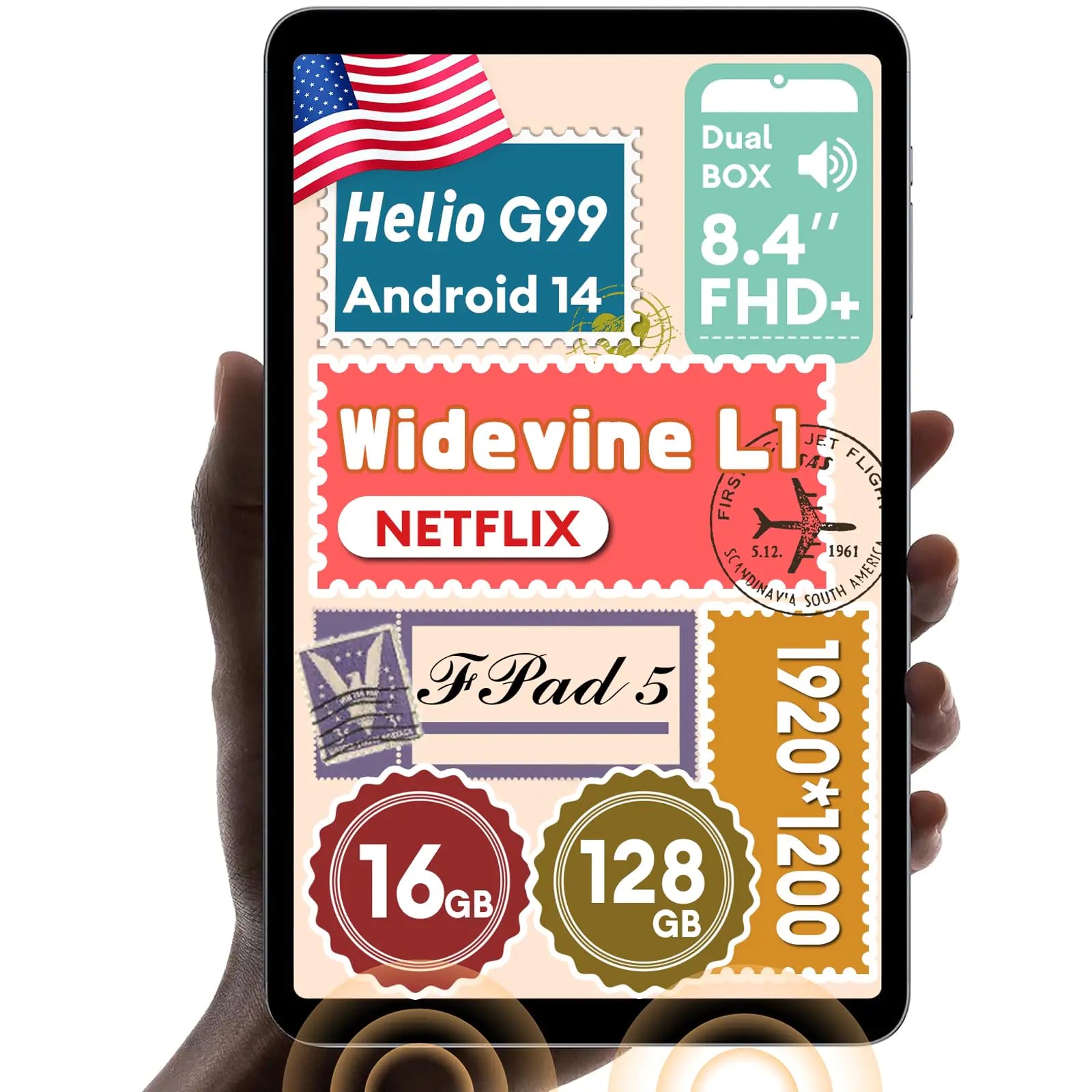 Headwolf Android 14 Tablet FPad5 Helio G99 Octa Core Android Tablet 8.4 inch FHD 1920 * 1200 Display Gaming Tablet 16GB RAM + 128GB ROM Widevine L1 5500mAh 13MP+8MP 2.4G/5G WiFi Tablet PC