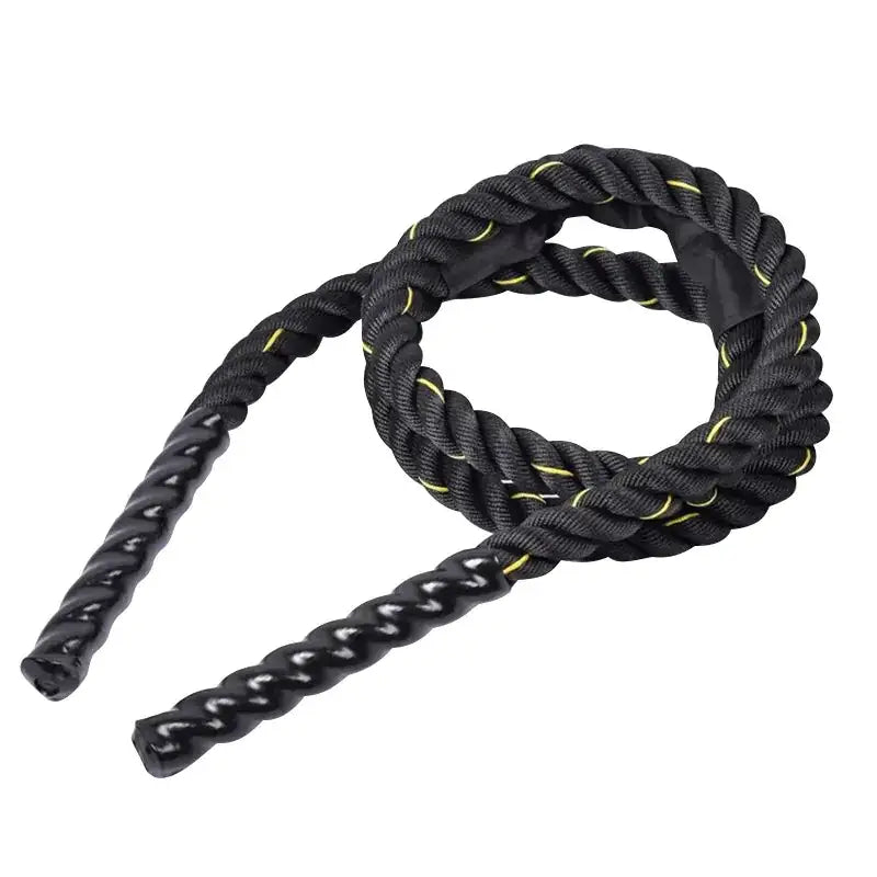 Black and yellow battle rope with a braided design.
