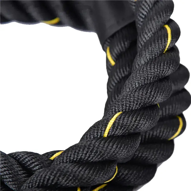 Black and yellow braided battle rope with a thick, textured weave.