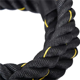 Black and yellow braided battle rope with a thick, textured weave.