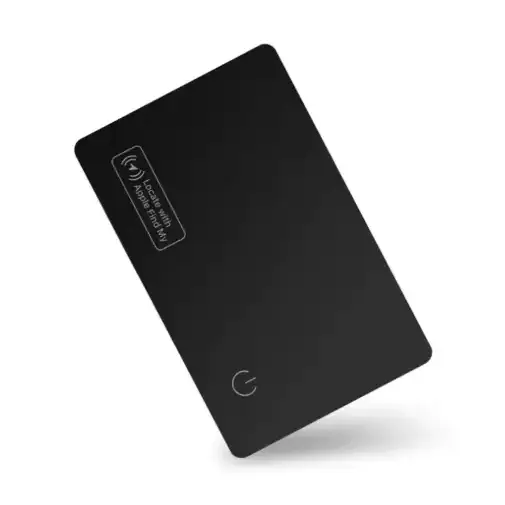 Black rectangular portable power bank with a sleek matte finish and minimalist design, featuring subtle white icons indicating wireless charging capability.