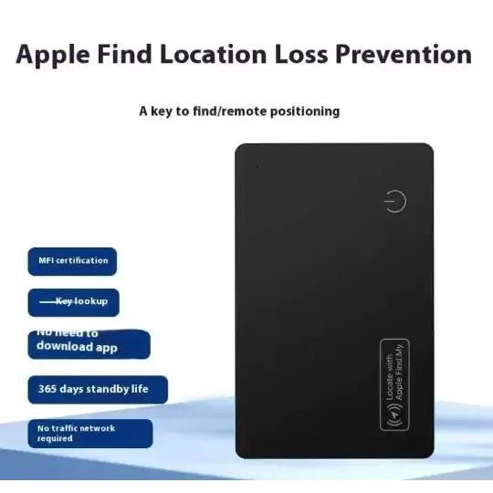 Black rectangular apple find my device with a circular power button and nfc chip for remote tracking.
