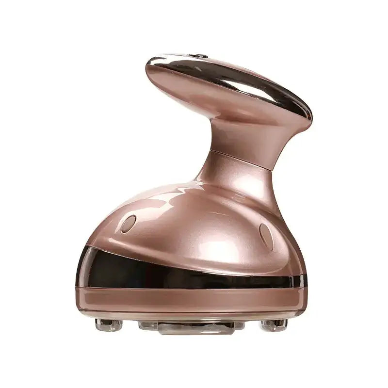 Rose gold handheld massage device with a sleek, ergonomic design and smooth metallic finish.
