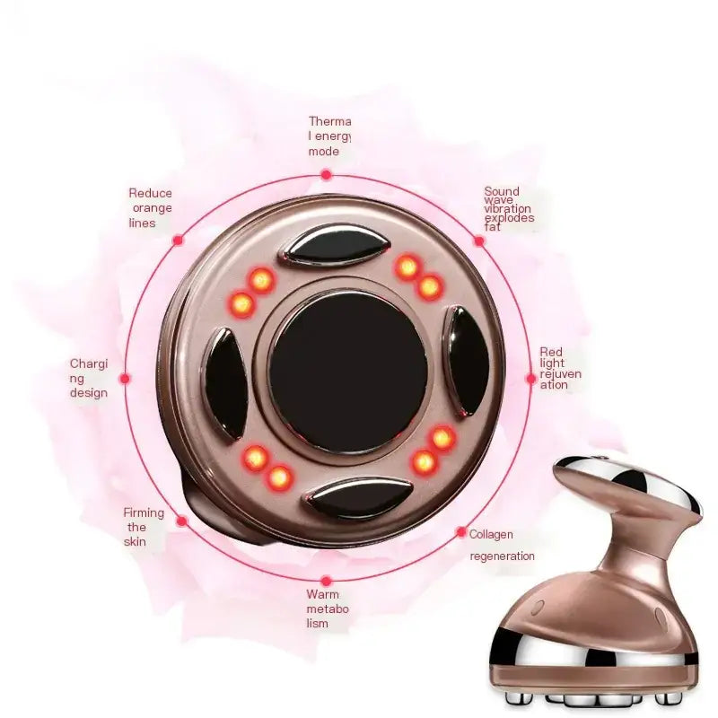Rose gold-colored facial massage device with a circular head featuring glowing orange lights and black accents, designed for skin tightening and fat reduction.