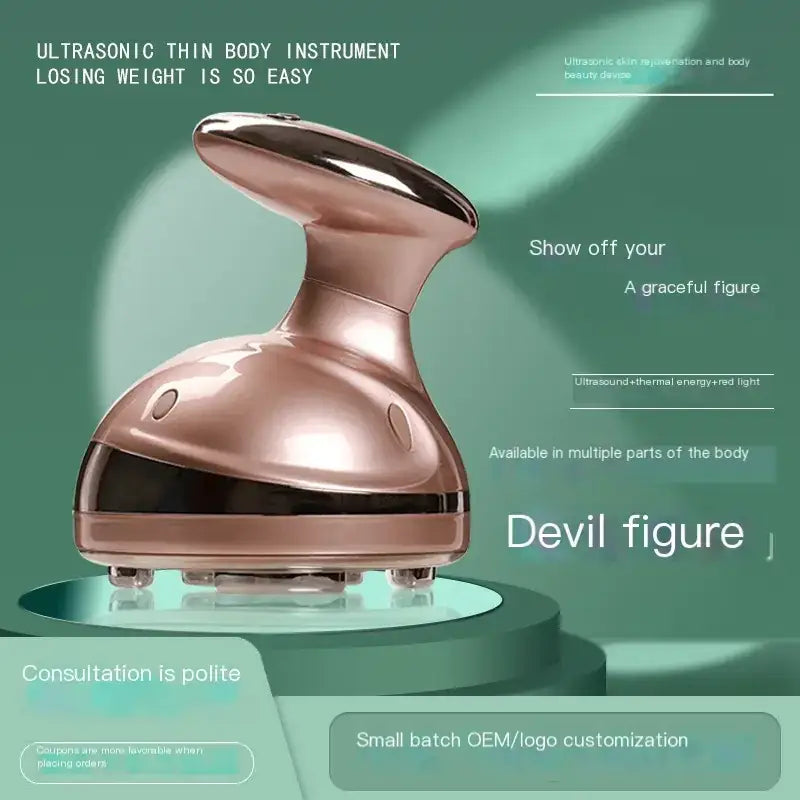 Rose gold metallic handheld ultrasonic slimming device with a sleek, curved design and black accent panel.