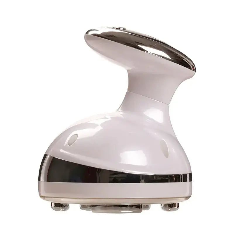 White and chrome massage head with a sleek, ergonomic design featuring smooth curves and small circular indentations on the rounded body.