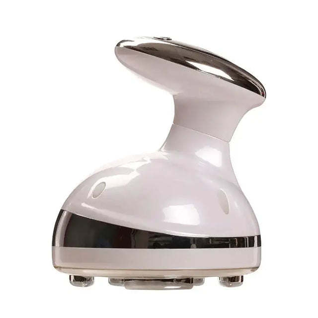 White and chrome massage head with a sleek, ergonomic design featuring smooth curves and small circular indentations on the rounded body.
