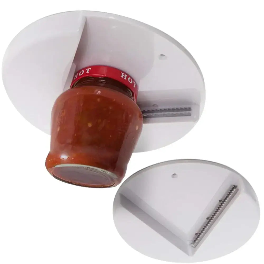 White plastic jar opener with a metal blade, designed to securely hold and cut the lid off jars.